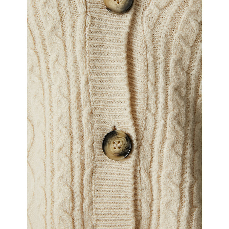 Koton Crop Cardigan V-Neck Sleeveless With Buttons In Braid Patterned