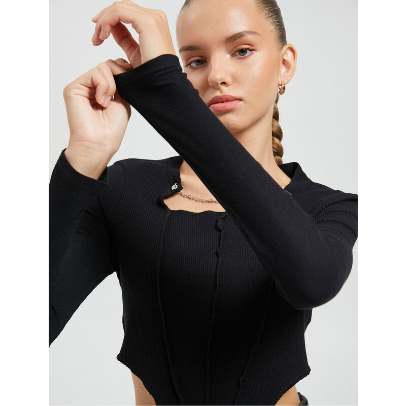 Koton Long Sleeve T-Shirt Choker Collar Chain Detailed Corset Look