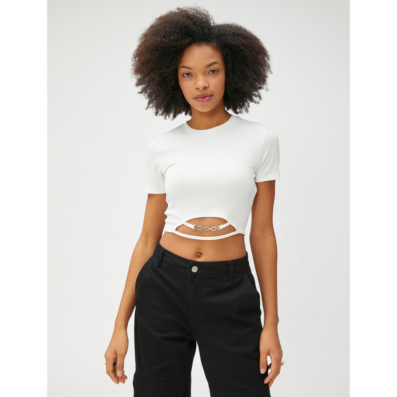 Koton Crop Tshirt Short Sleeve Crew Neck Metal Accessory