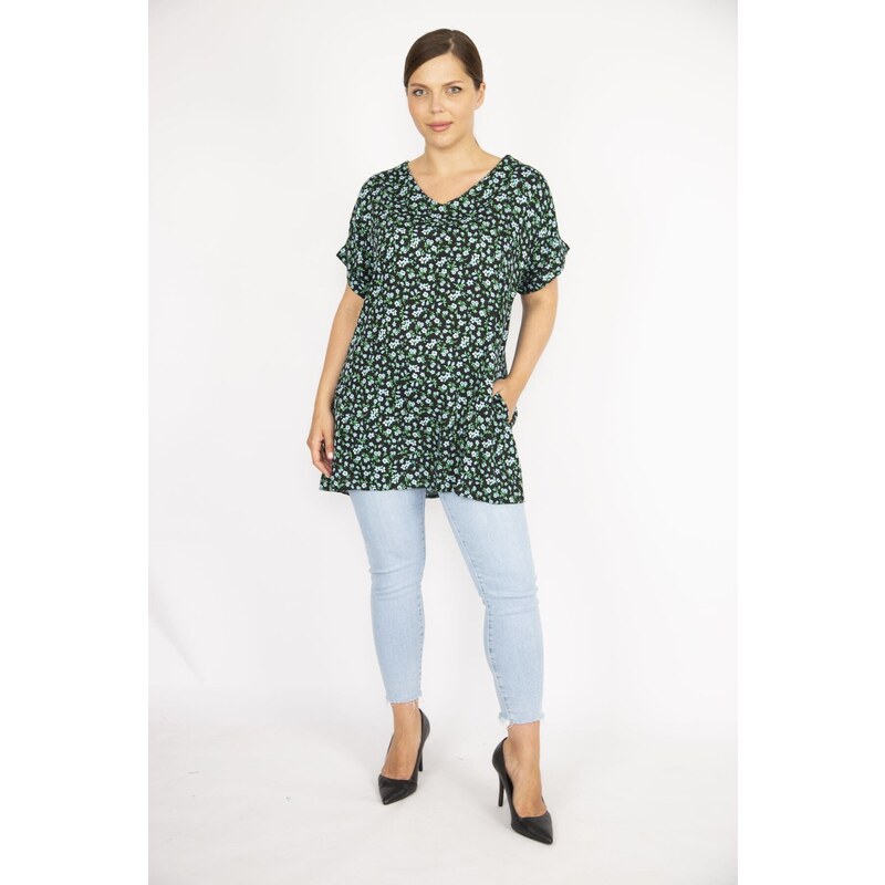 Şans Women's Green Plus Size Woven Viscose Fabric Floral Pattern Side Pockets Double Sleeve Blouse