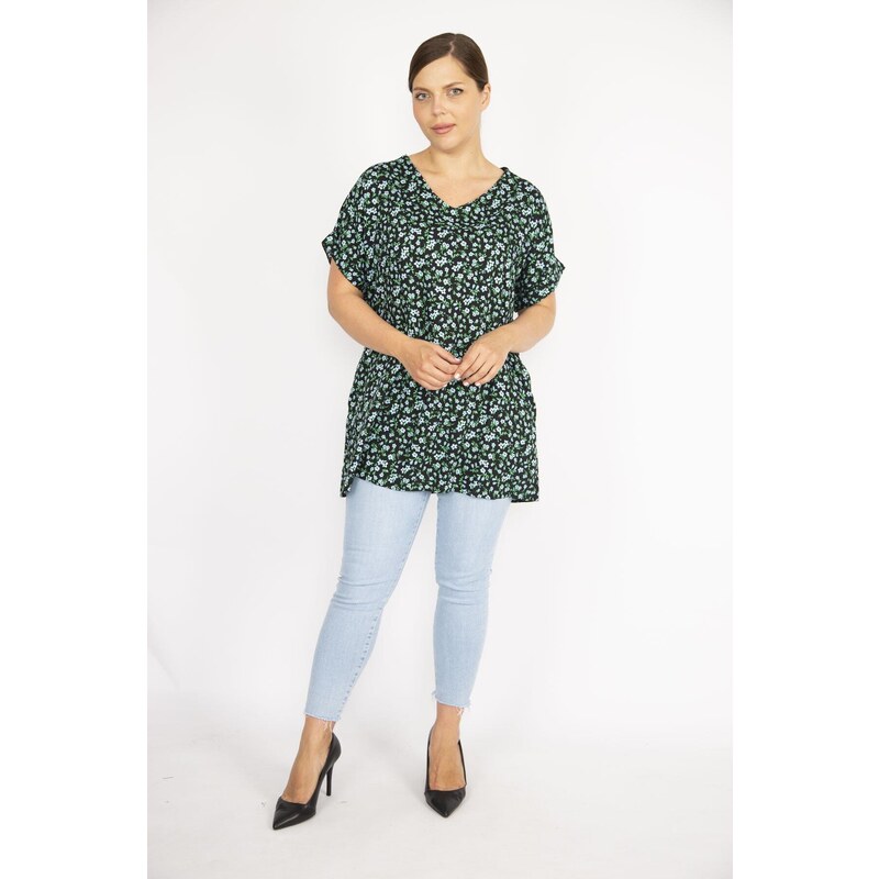 Şans Women's Green Plus Size Woven Viscose Fabric Floral Pattern Side Pockets Double Sleeve Blouse