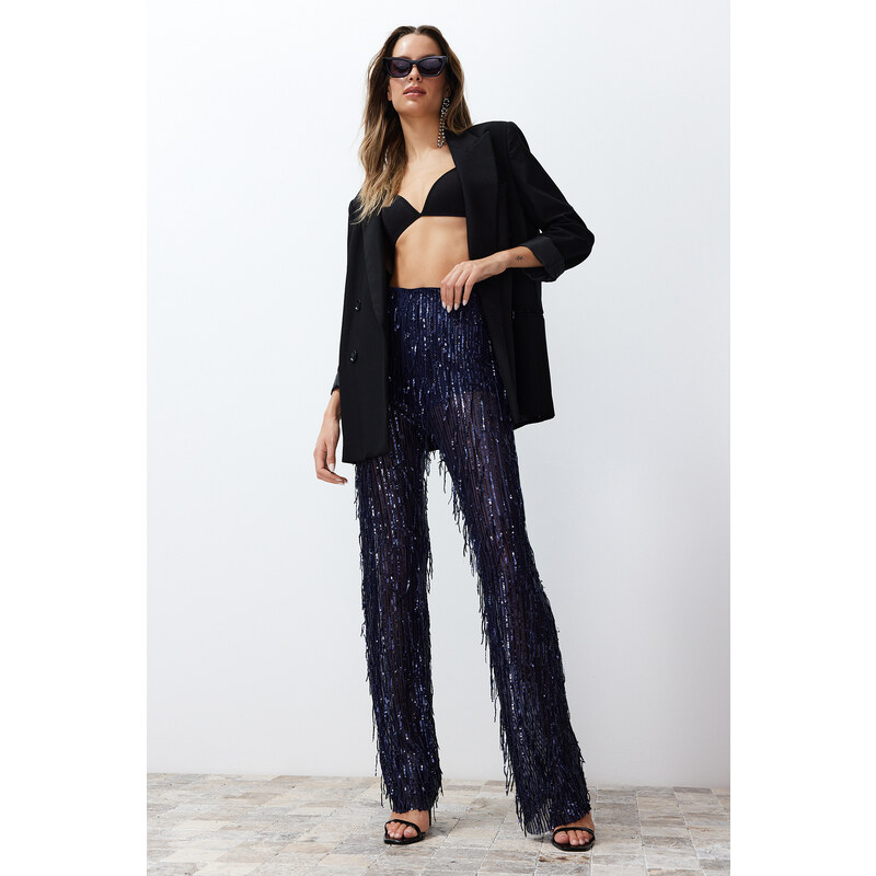 Trendyol Navy Blue Wide Leg Sequined Knitted Trousers