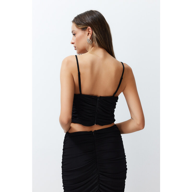 Trendyol Black Shiny Stone Tulle Knitted Blouse