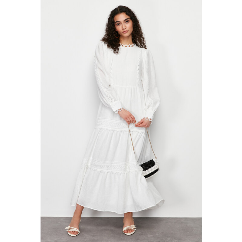 Trendyol White Lined Embroidery Detailed Woven Dress