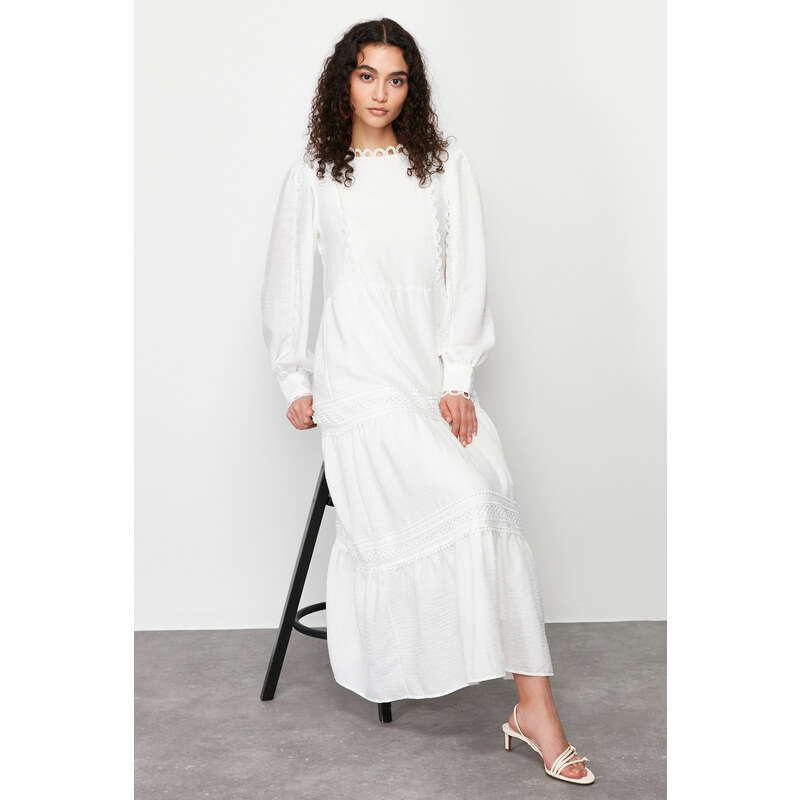 Trendyol White Lined Embroidery Detailed Woven Dress