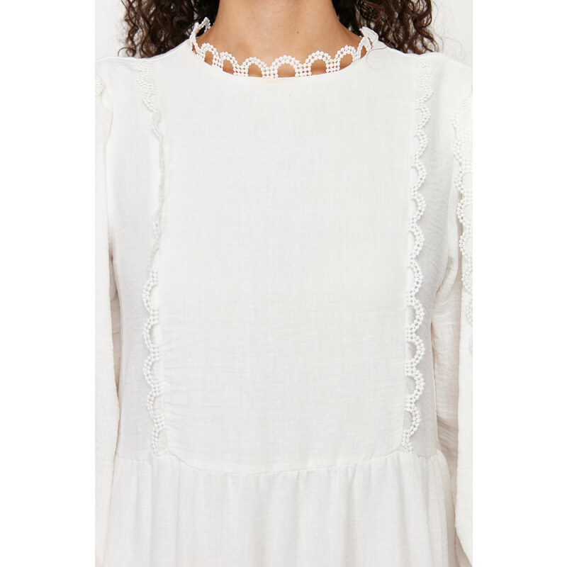 Trendyol White Lined Embroidery Detailed Woven Dress