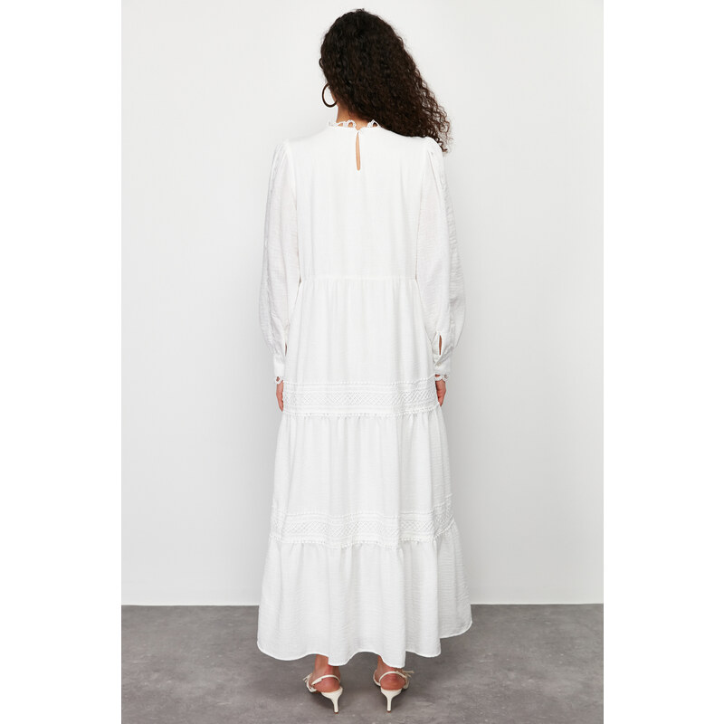 Trendyol White Lined Embroidery Detailed Woven Dress