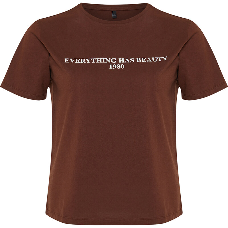 Trendyol Curve Brown 100% Cotton Slogan Printed Relaxed/Wide Relaxed Fit Knitted T-Shirt