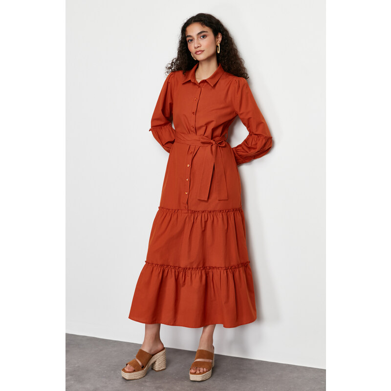 Trendyol Tile Straight Skirt Frilly Belt Detailed Woven Dress