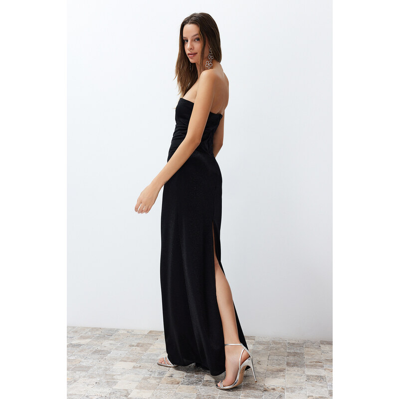 Trendyol Black Shiny Knitted Long Evening Evening Dress