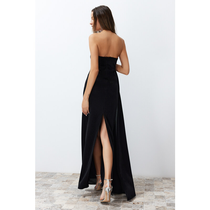 Trendyol Black Shiny Knitted Long Evening Evening Dress