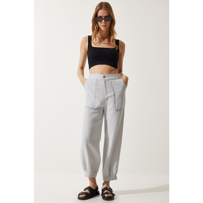 Happiness İstanbul Womens Gray Embroidery Detail Muslin Trousers