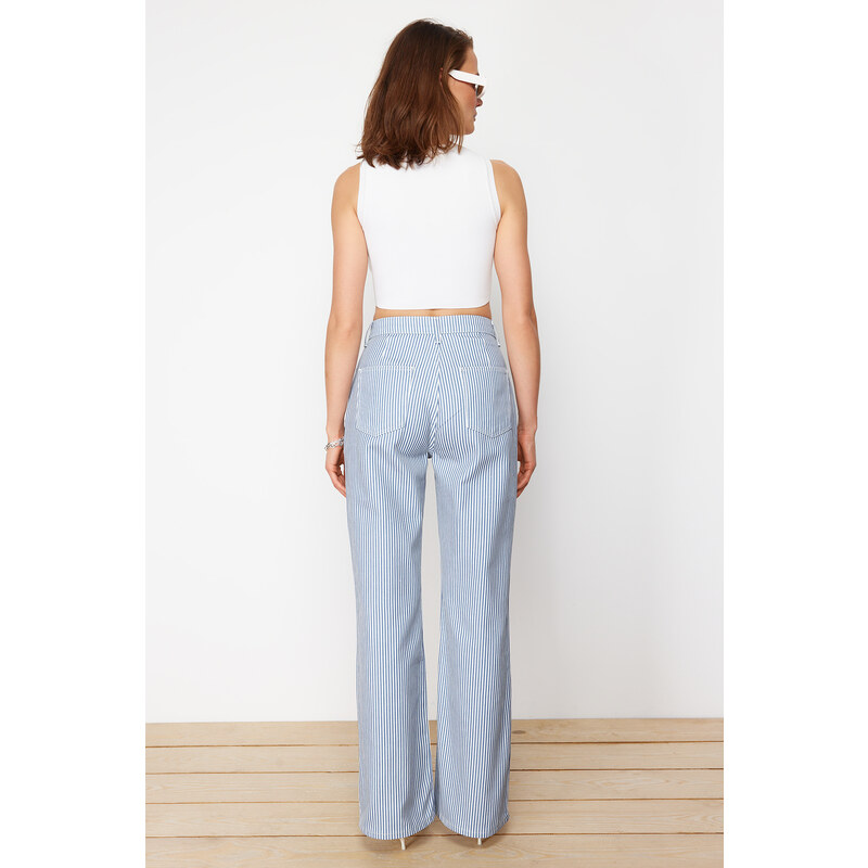 Trendyol Blue Striped High Waist Extra Wide Leg Jeans