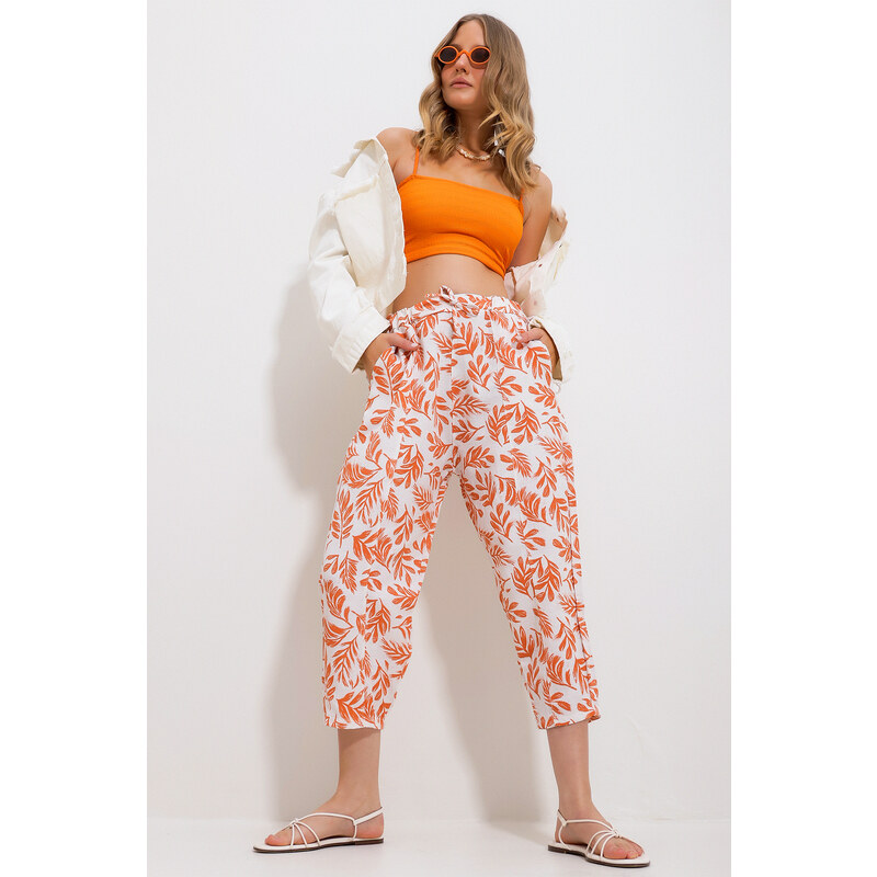 Trend Alaçatı Stili Women's Orange Patterned Wide Linen Trousers