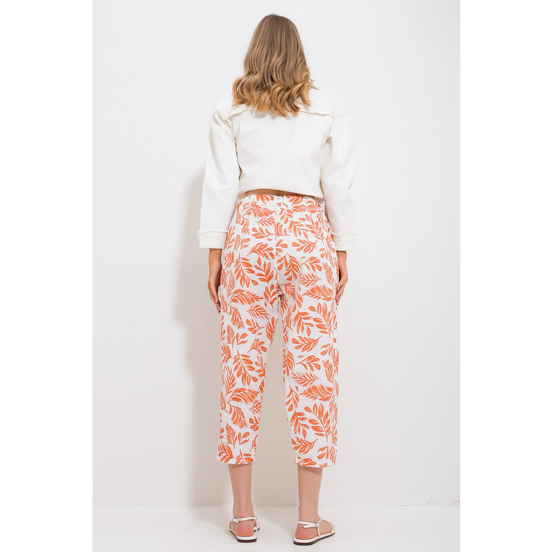 Trend Alaçatı Stili Women's Orange Patterned Wide Linen Trousers