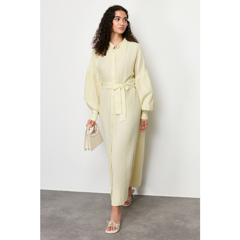 Trendyol Mint Lined Balloon Sleeve Plain Woven Dress