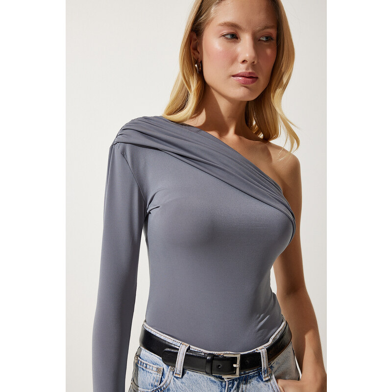 Happiness İstanbul Women's Gray One-Shoulder Gathered Detailed Knitted Blouse