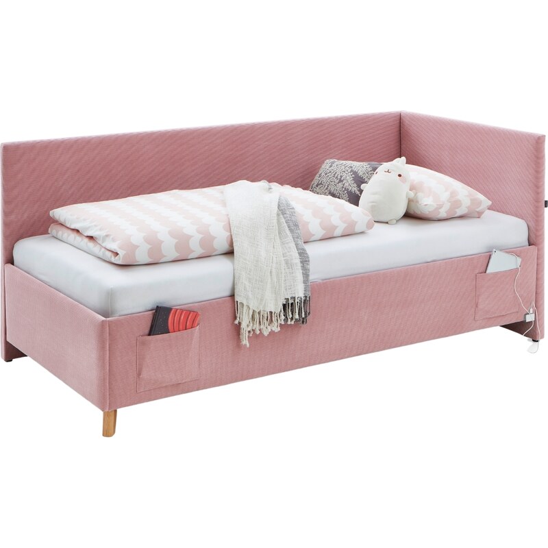 Růžová manšestrová postel Meise Möbel Cool II. 90 x 200 cm s úložným prostorem