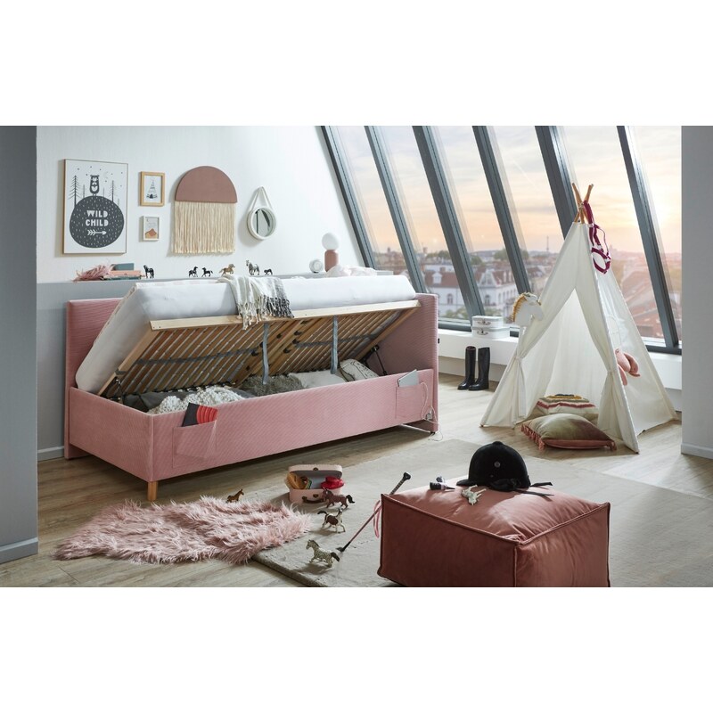 Růžová manšestrová postel Meise Möbel Cool II. 120 x 200 cm s úložným prostorem