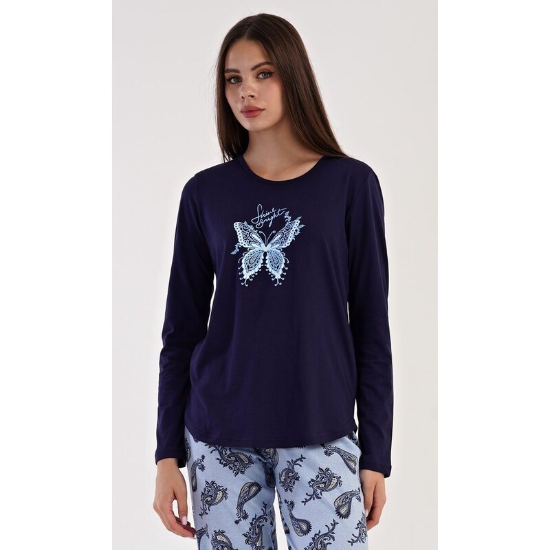 Vienetta Secret Dámské pyžamo dlouhé Motýl - tmavě modrá