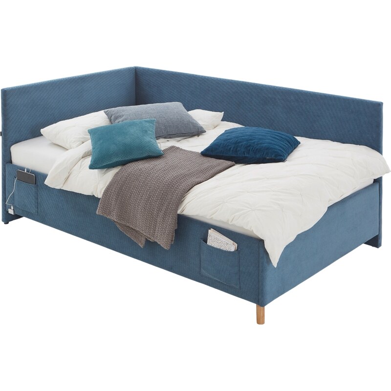 Modrá manšestrová postel Meise Möbel Cool II. 120 x 200 cm s úložným prostorem