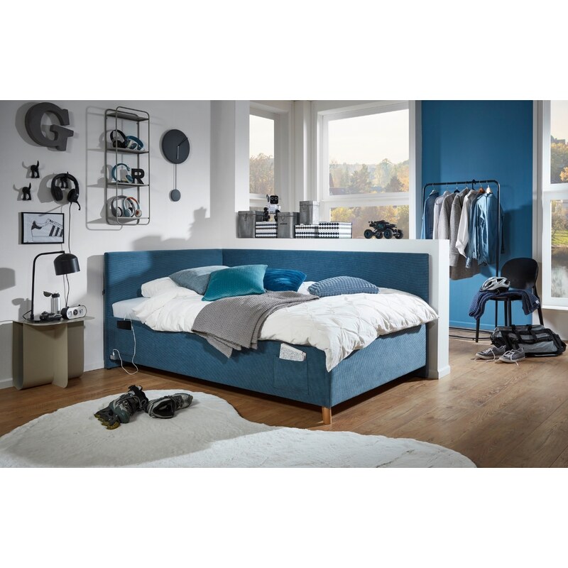 Modrá manšestrová postel Meise Möbel Cool II. 140 x 200 cm