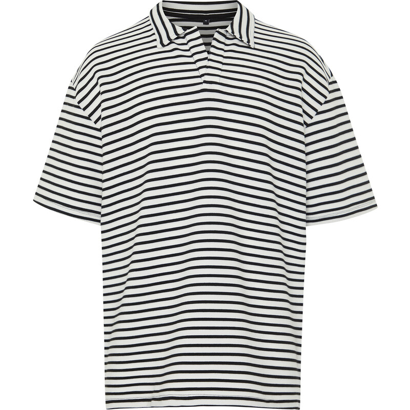 Trendyol Ecru Oversize/Wide Cut Limited Edition Striped Textured Polo Collar T-shirt