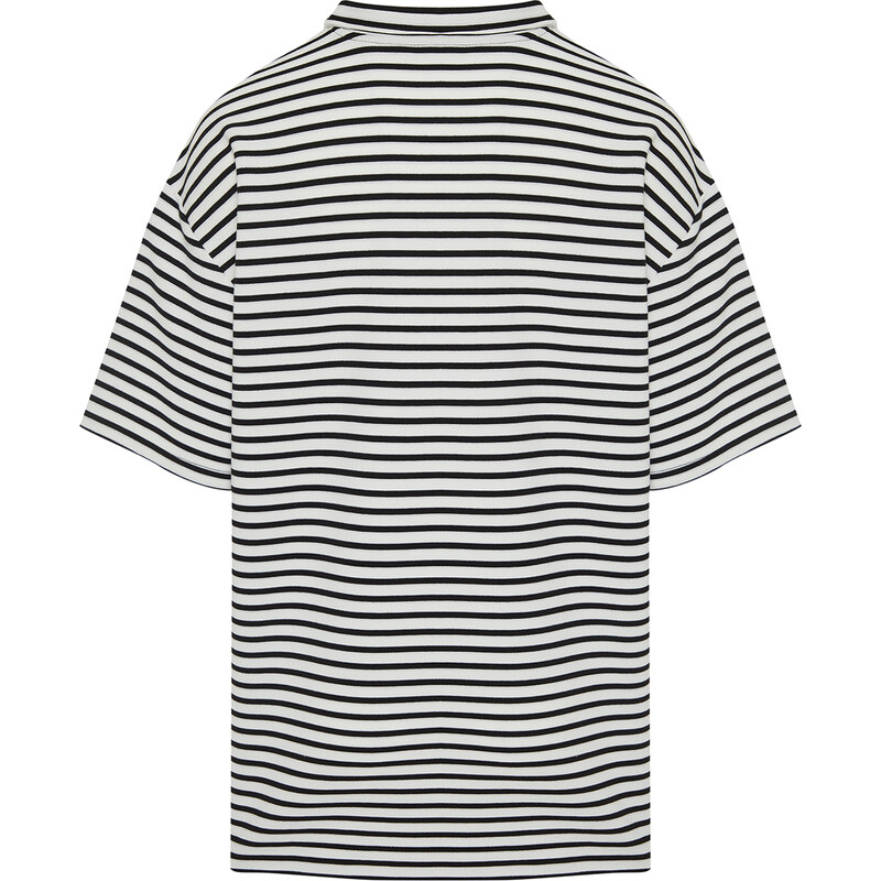 Trendyol Ecru Oversize/Wide Cut Limited Edition Striped Textured Polo Collar T-shirt