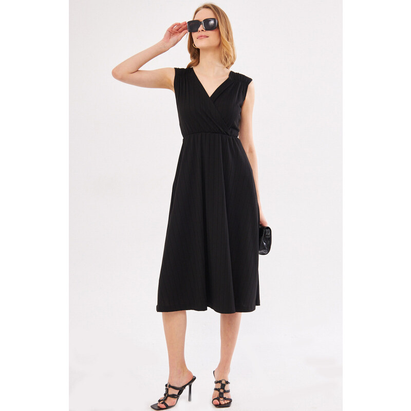 armonika Women's Black Lined Double Breasted Neck Midi Length Dress With Elastic Waist And Shoulder Skirt