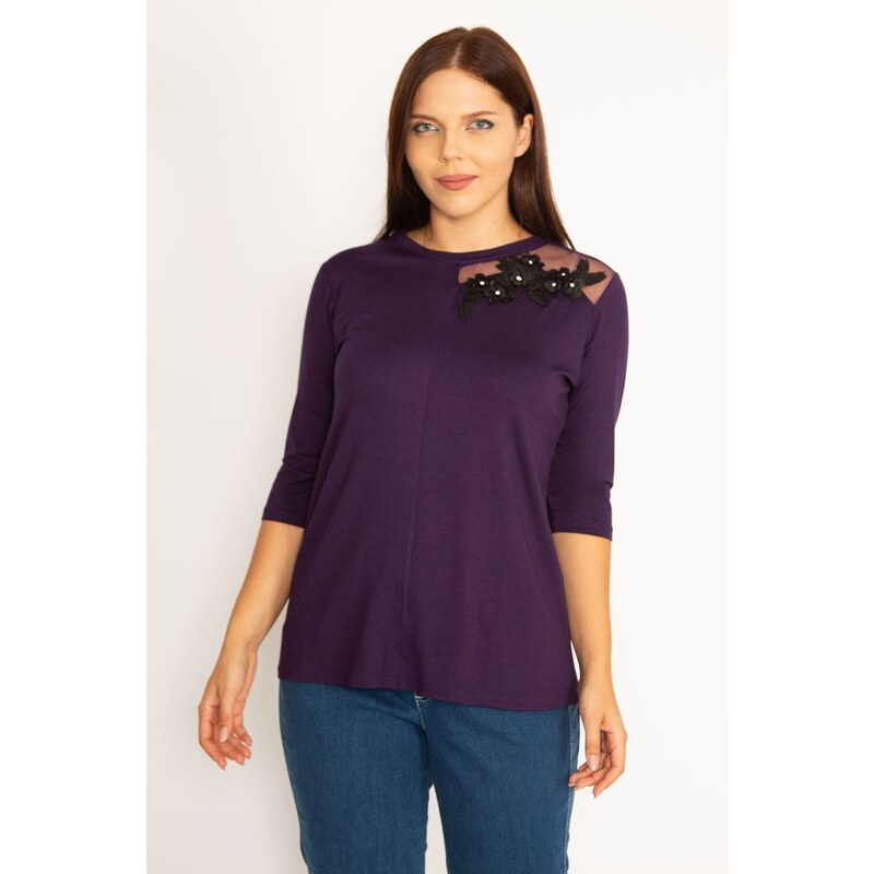 Şans Women's Plus Size Purple Appliqued And Tulle Detailed Blouse