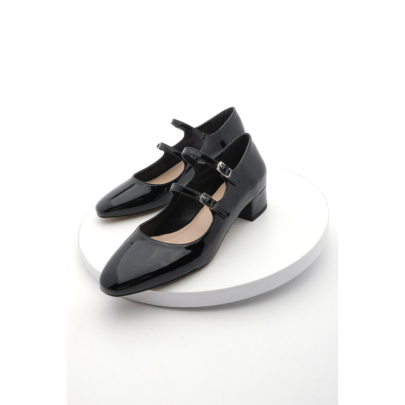 Marjin Women's Double Strap Classic Heeled Shoes Alsef Black Patent Leather