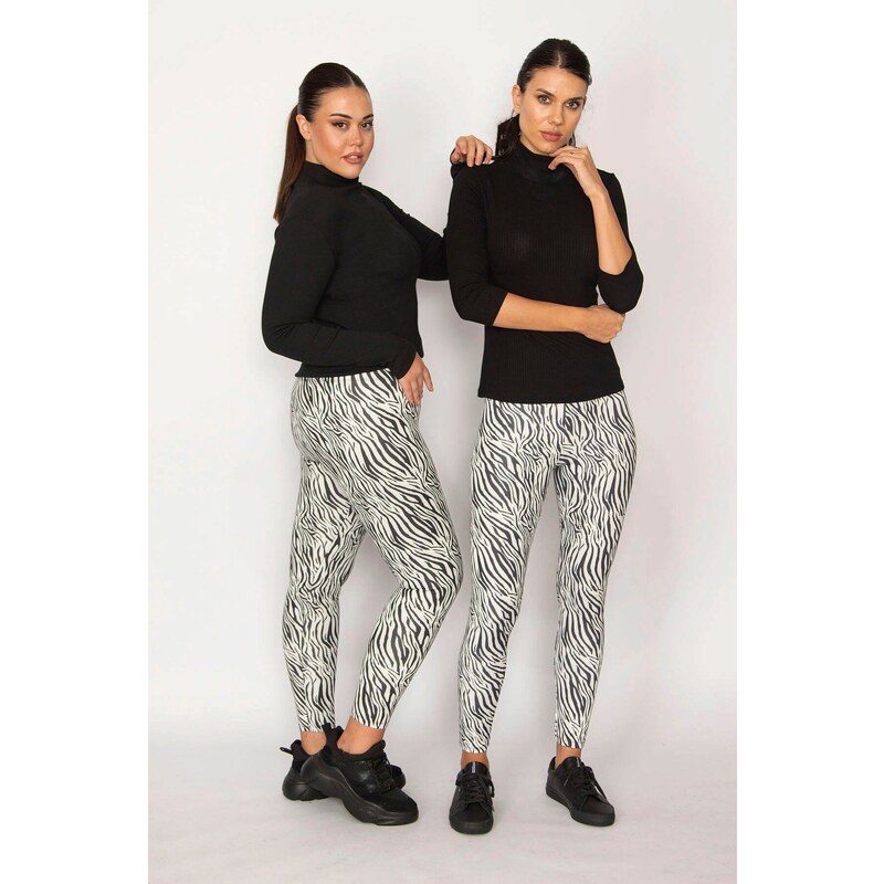 Şans Women's Plus Size Black Zebra Pattern Leggings Pants