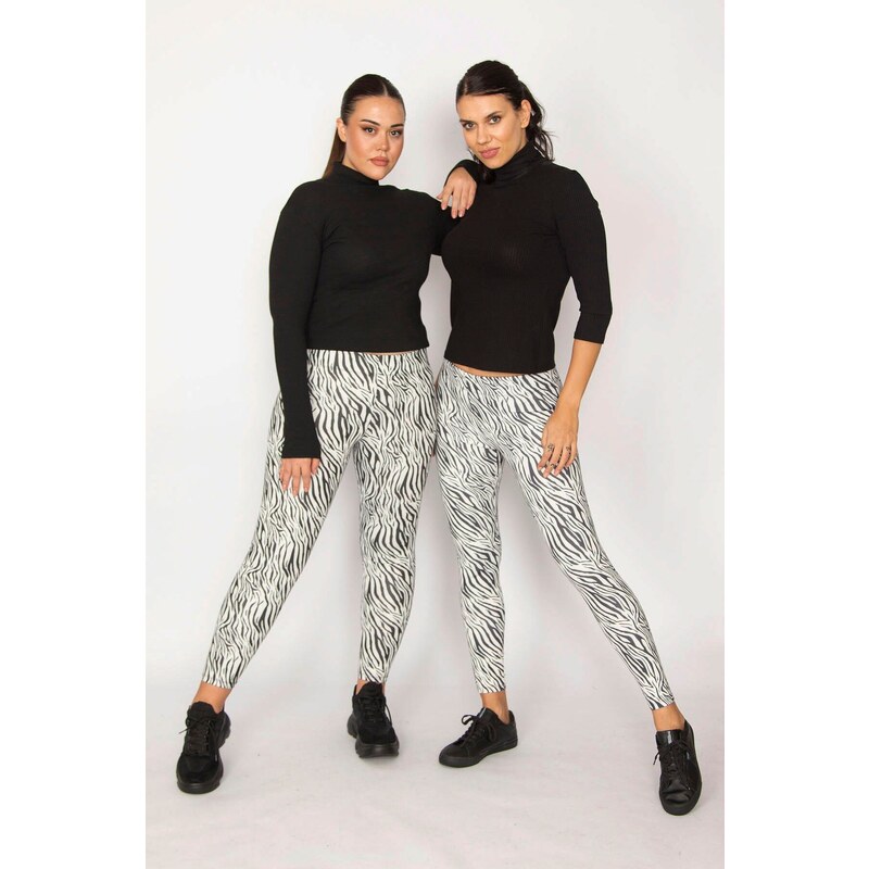Şans Women's Plus Size Black Zebra Pattern Leggings Pants