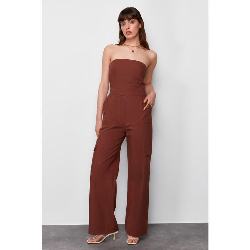 Trendyol Brown Cargo Pocket Strapless Collar Woven Jumpsuit