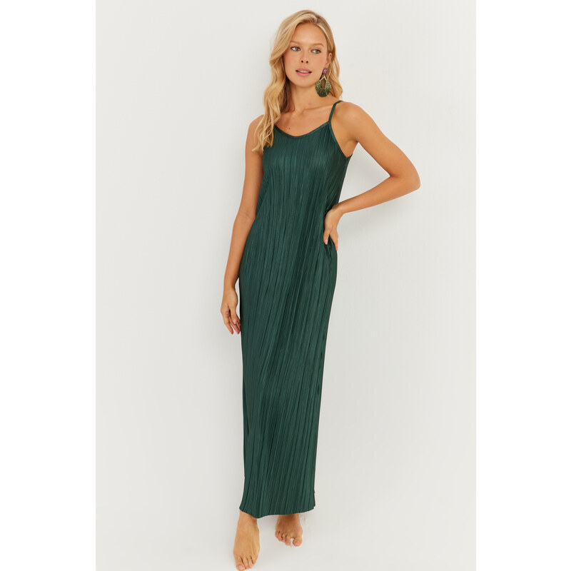 Cool & Sexy Women's Emerald Green Pleated Strappy Midi Dress