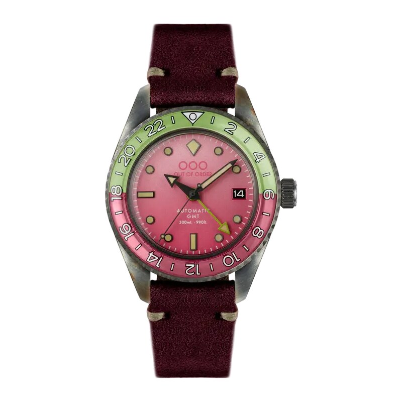 Out Of Order Watches Stříbrné pánské hodinky Out Of Order s koženým páskem Cosmopolitan GMT 40MM Automatic