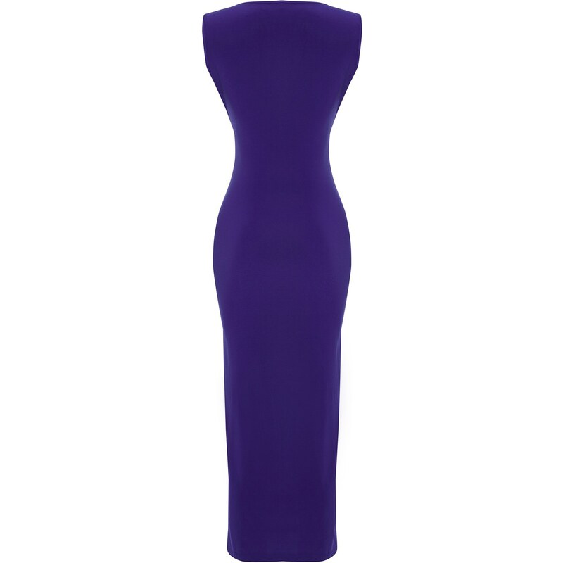 Trendyol Saxe Blue V-Neck Gathered Slit Stretchy Fitted Knitted Midi Dress