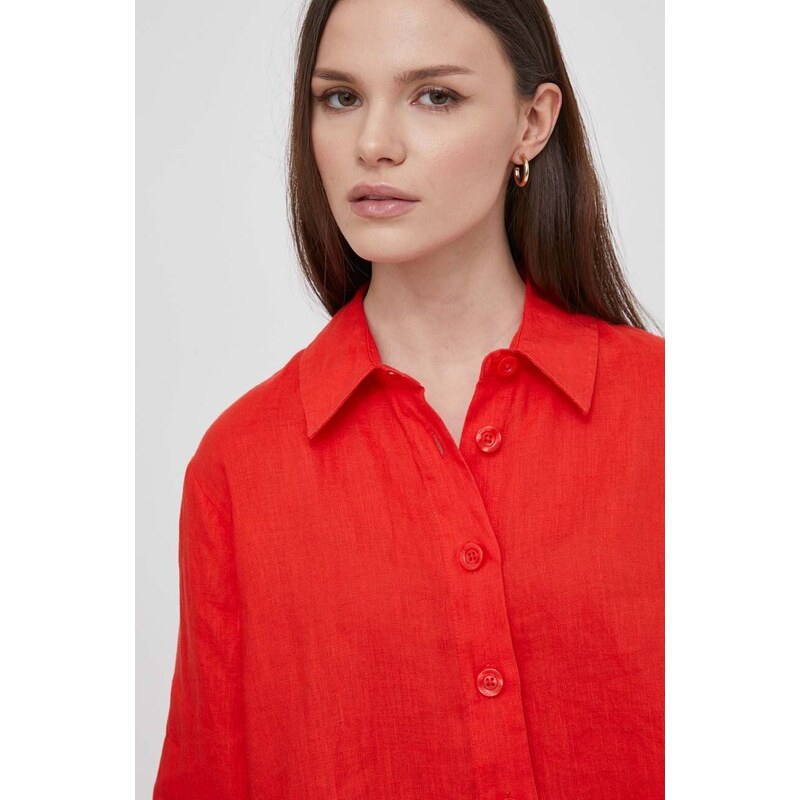 Lněná košile United Colors of Benetton červená barva, regular, s klasickým límcem