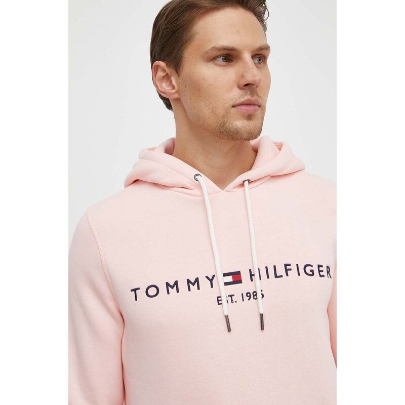 Mikina Tommy Hilfiger pánská, růžová barva, s kapucí, s aplikací