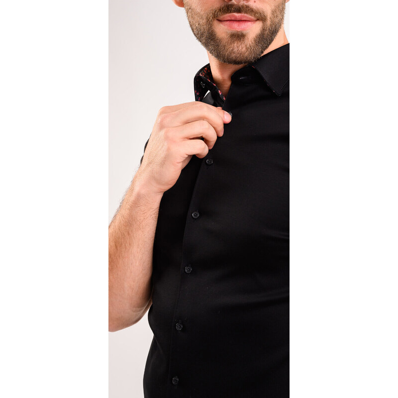 Alain Delon Čierna strečová Extra Slim Fit košeľa s krátkym rukávom