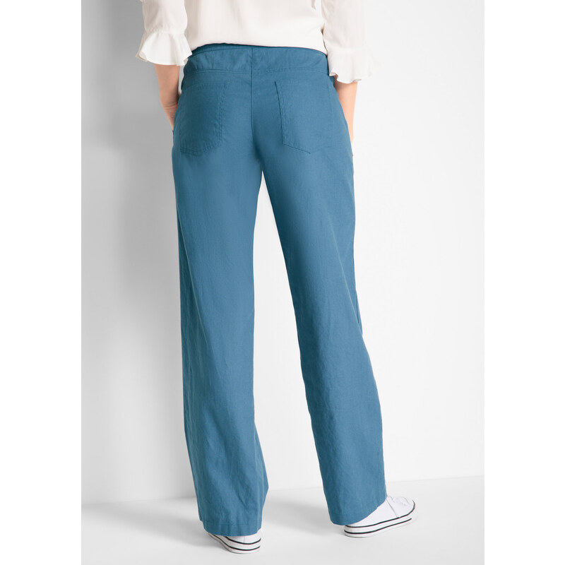 bonprix Lněné kalhoty s širokými nohavicemi Modrá