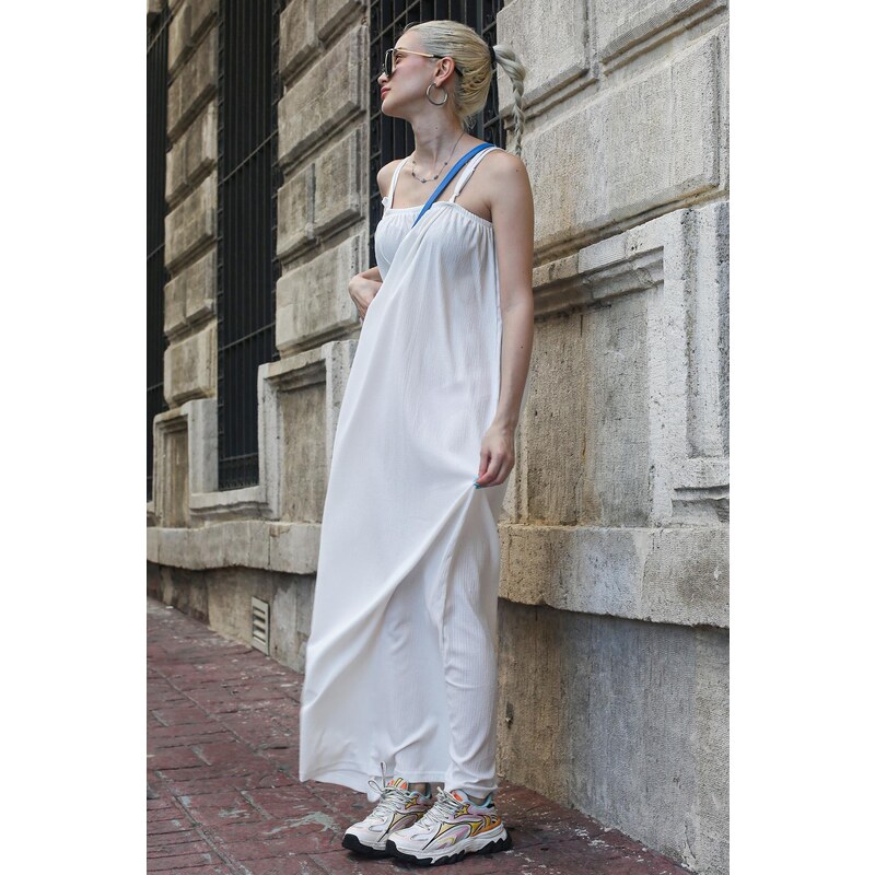 Madmext Long Loose White Crepe Dress With Straps