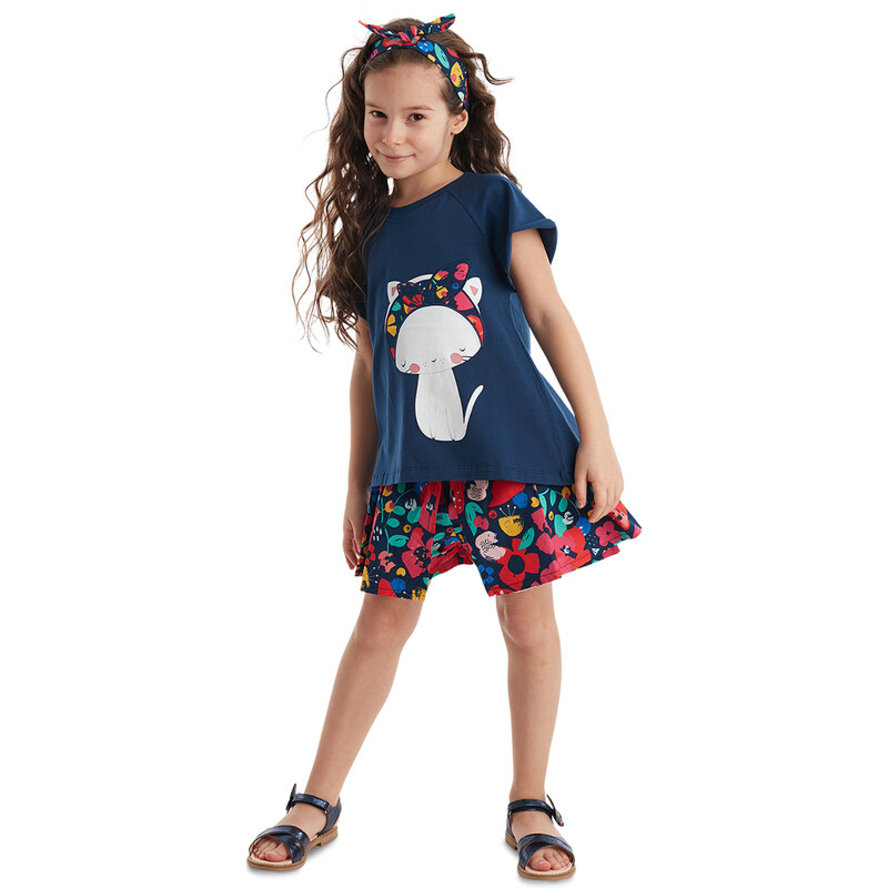 Denokids Floral Cat Girl Kids T-shirt Poplin Shorts Set