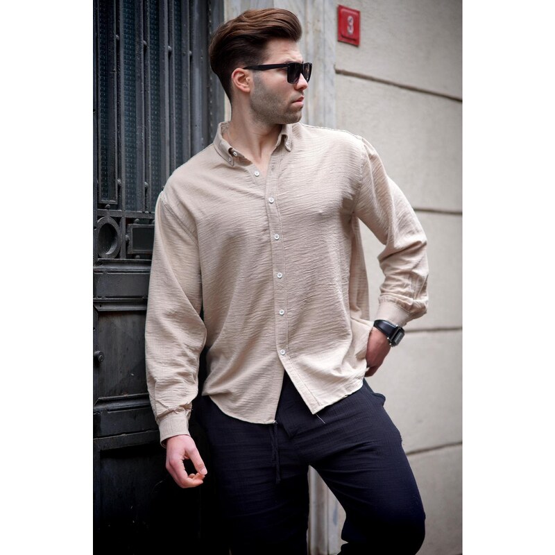 Madmext Men's Beige Long Sleeve Oversize Shirt 6735