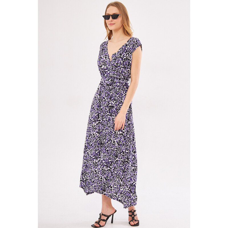 armonika Women's Purple Efta Dress Back And Front Double Double Breasted Belted Patterned Midi Length