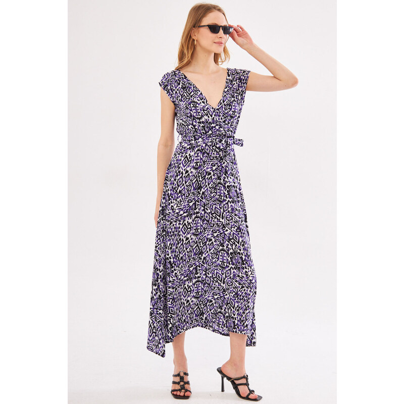 armonika Women's Purple Efta Dress Back And Front Double Double Breasted Belted Patterned Midi Length