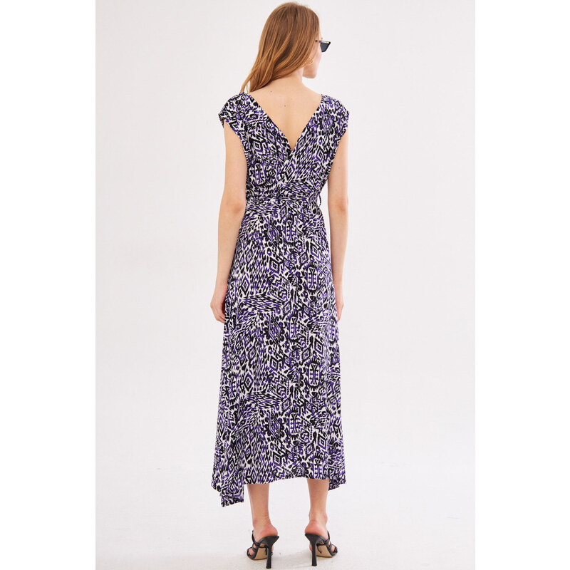 armonika Women's Purple Efta Dress Back And Front Double Double Breasted Belted Patterned Midi Length