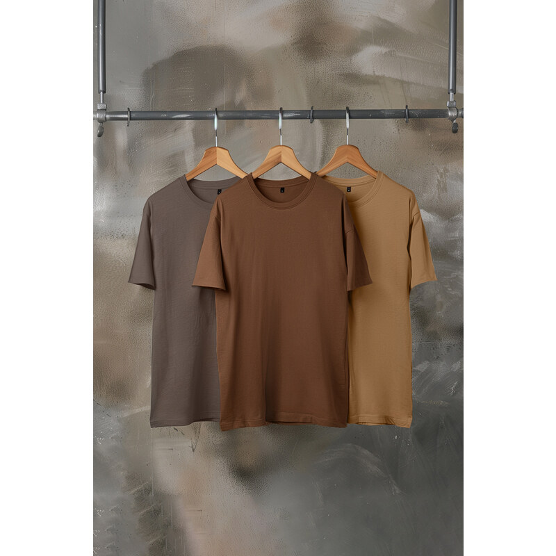 Trendyol Brown-Beige-Grey Basic Slim/Narrow Fit 100% Cotton 3-Pack T-Shirt