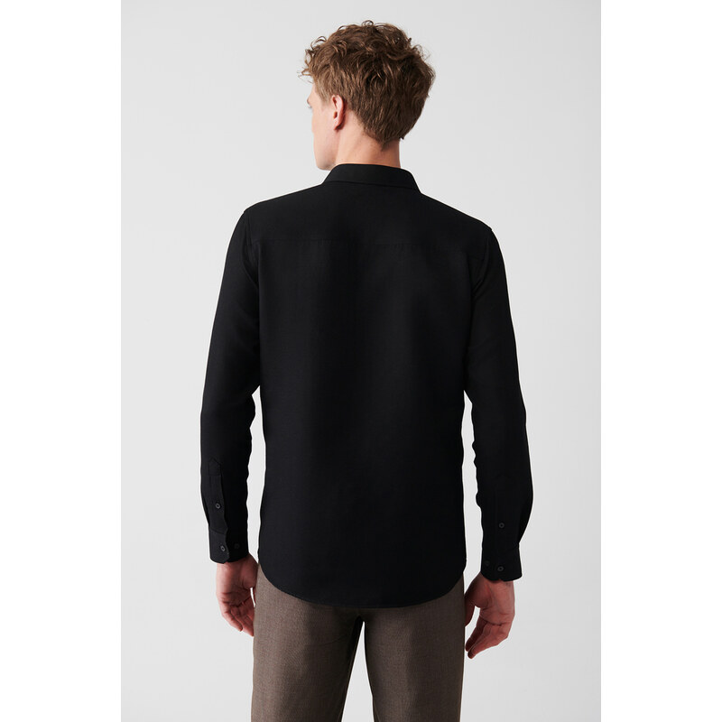 Avva Men's Black Easy-to-Iron Classic Collar See-through Cotton Slim Fit Slim Fit Shirt