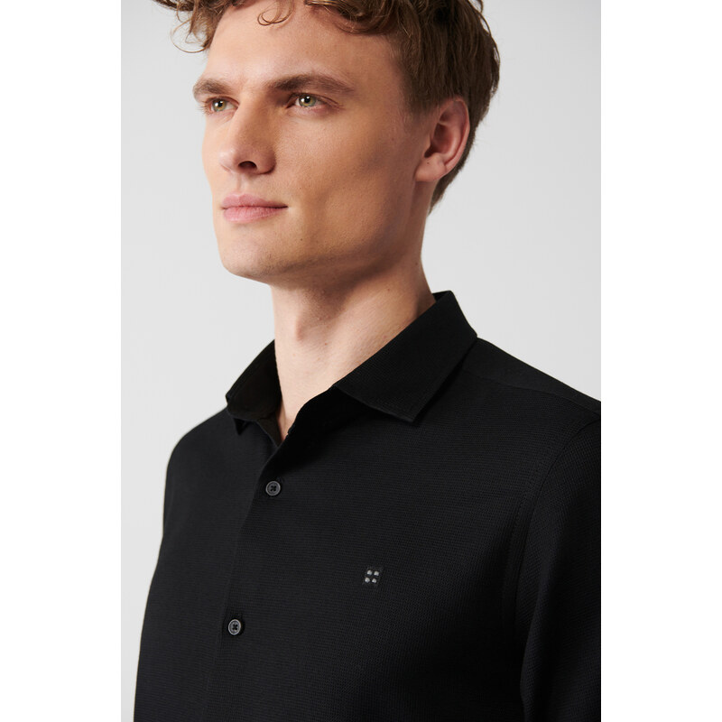 Avva Men's Black Easy-to-Iron Classic Collar See-through Cotton Slim Fit Slim Fit Shirt